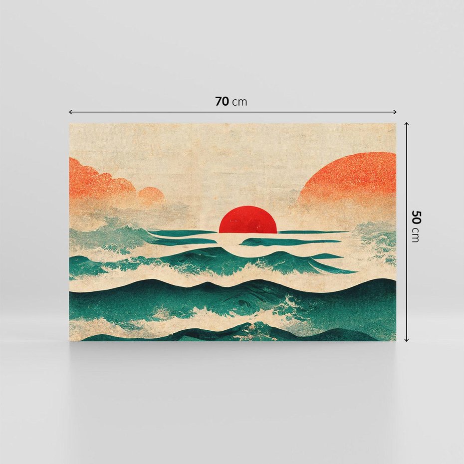 Obraz na płótnie 70x50 - Czerwone Melodie - japońska sztuka, zachód słońca nad oceanem