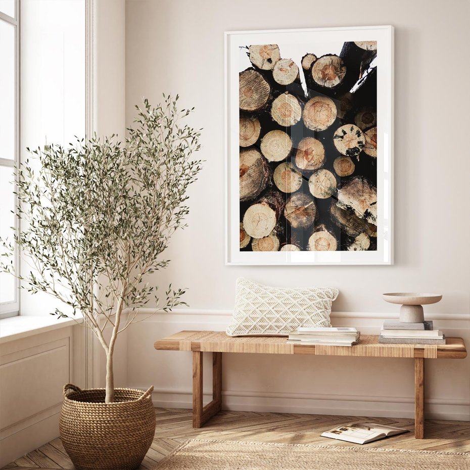 Plakat bez ramy 30x40 - Siła Drewna - ścięte drewno, belki drewna ułożone jedna na drugiej