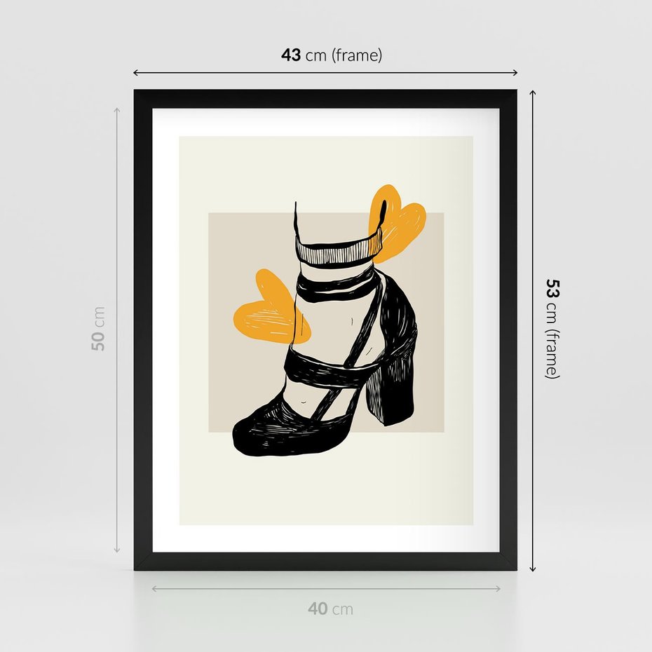 Plakat w ramie 40x50 - Elegancja w Szkicu: Stopa w Bucie na Obcasie - grafika, czarny szkic - rama czarna