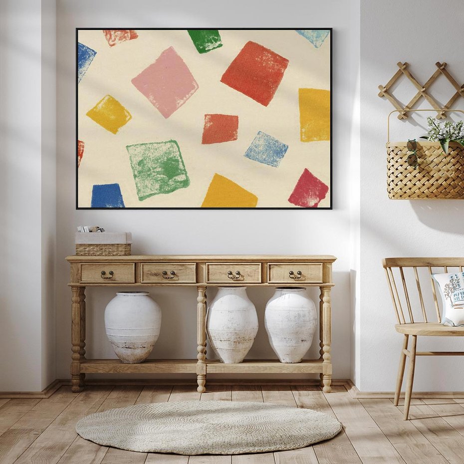 Obraz w ramie 100x70 - Tęczowe Rytmy - kolorowe tęczowe kwadraty, wesoły kolaż - rama czarna