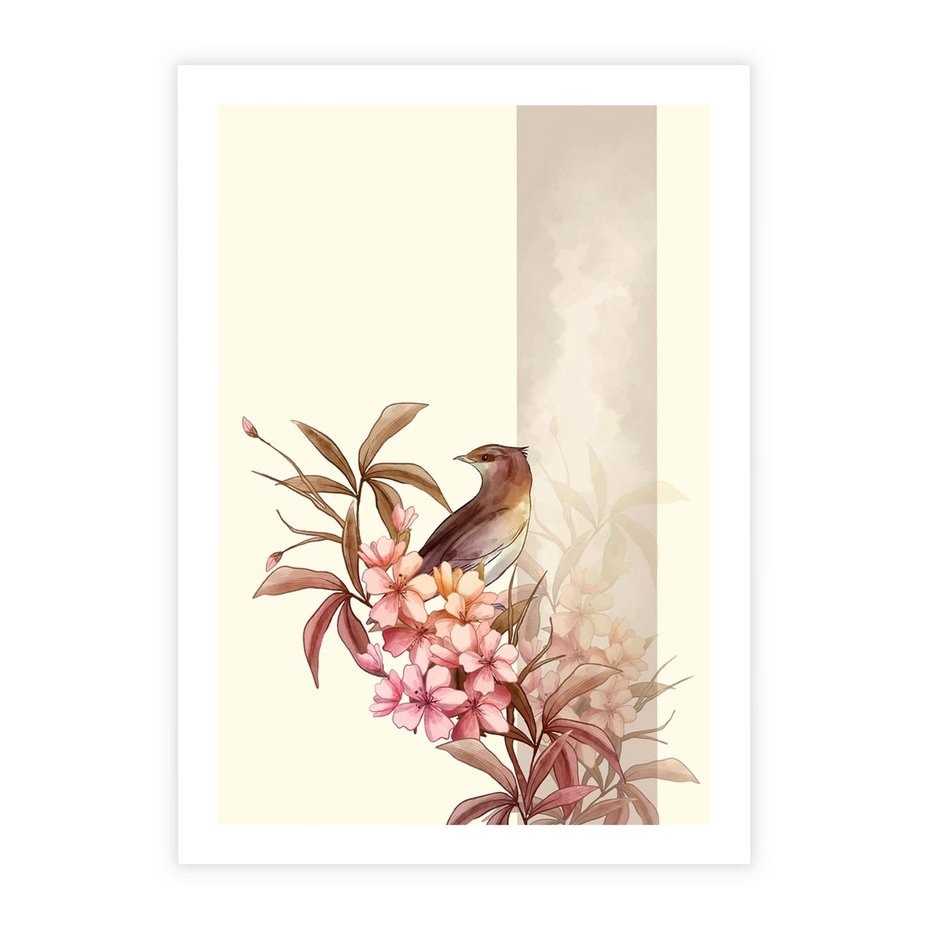 Plakat bez ramy 21x30 - Kwiatowe Zanurzenie - japońska sztuka, ptak