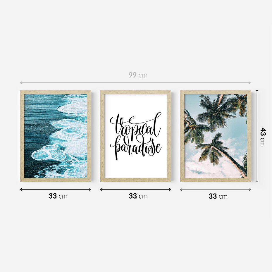 Zestaw obrazy w ramie 30x40 galeria - Tropikalny, napis, cytat, lato, podróż - rama drewno