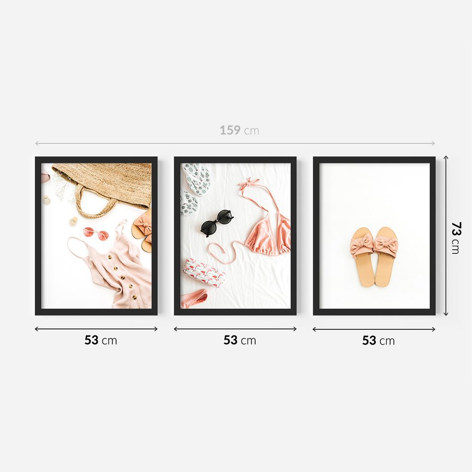Zestaw obrazy w ramie 50x70 galeria - Wakacje, klapki, torba, moda - rama czarna