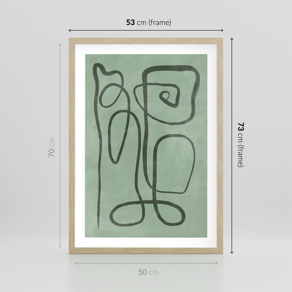Plakat w ramie 50x70 - Zielone Wariacje w Liniach - abstrakcyjne zielone linie, skandynawski design - rama drewno
