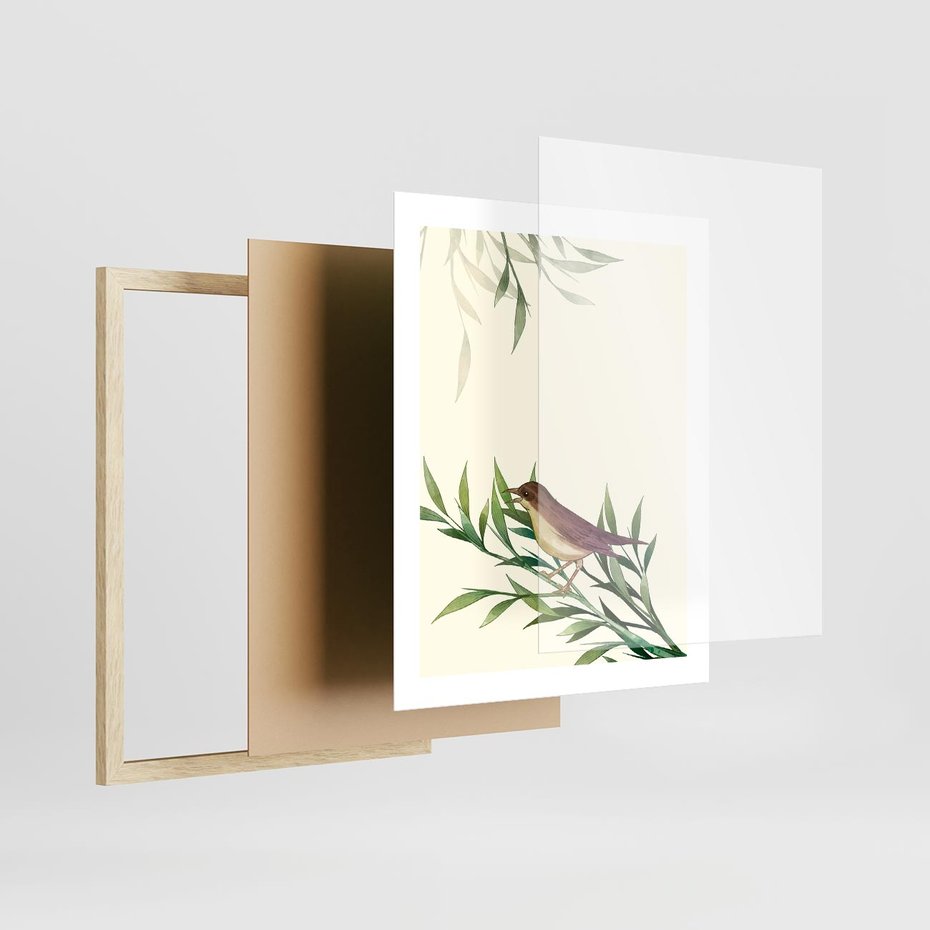 Plakat w ramie 40x50 - Roślinne Nastroje - japońska sztuka, ptak - rama drewno