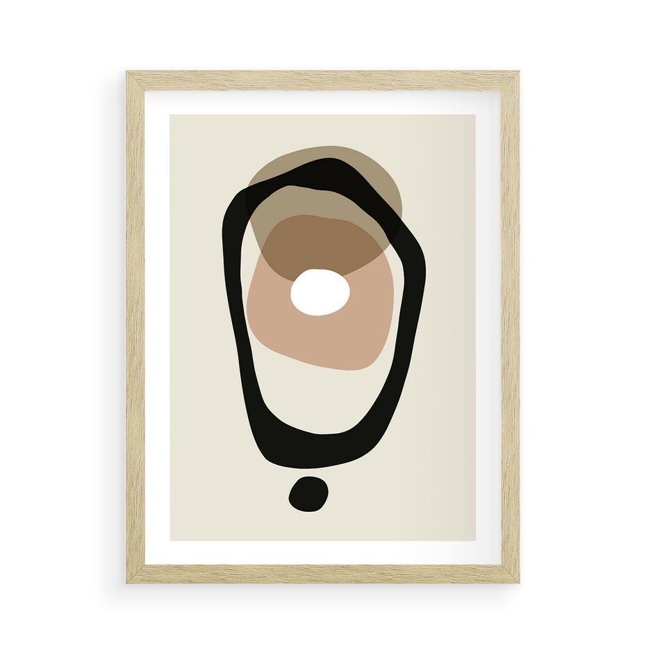 Plakat w ramie 50x70 - Intrygujące Zaskoczenia - beżowa abstrakcyjna kompozycja, czarny akcent - rama drewno