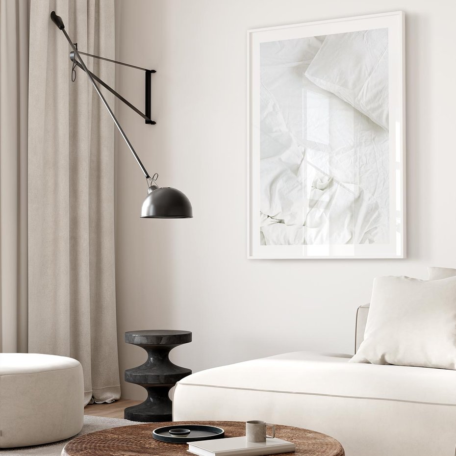 Plakat bez ramy 30x40 - Sztuka i Komfort - pościel, biała kołdra poduszka