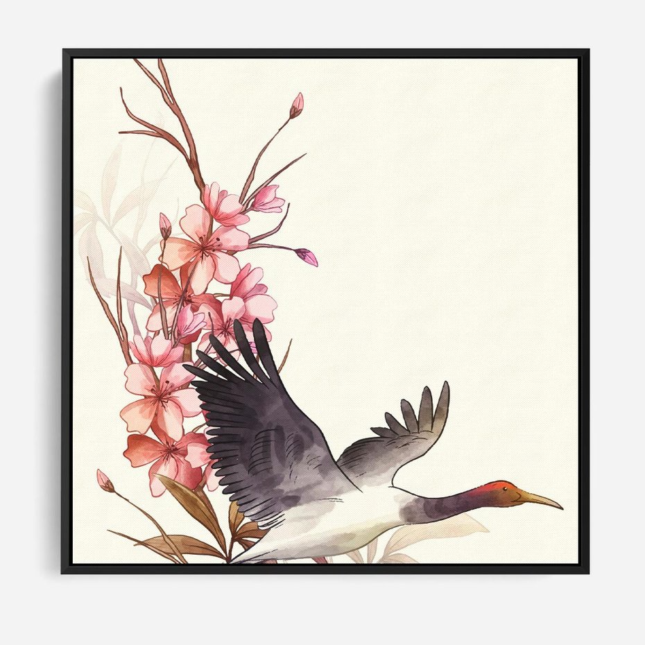 Obraz w ramie 50x50 - Szept Japonii - japońska sztuka, ptak - rama czarna