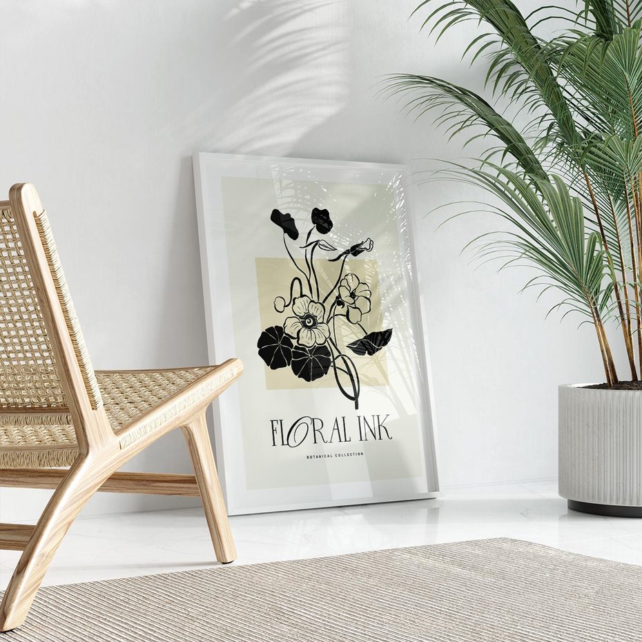 Plakat w ramie 50x70 - Podróż linii kwiatowego czasu - kwiaty, typografia - rama biała