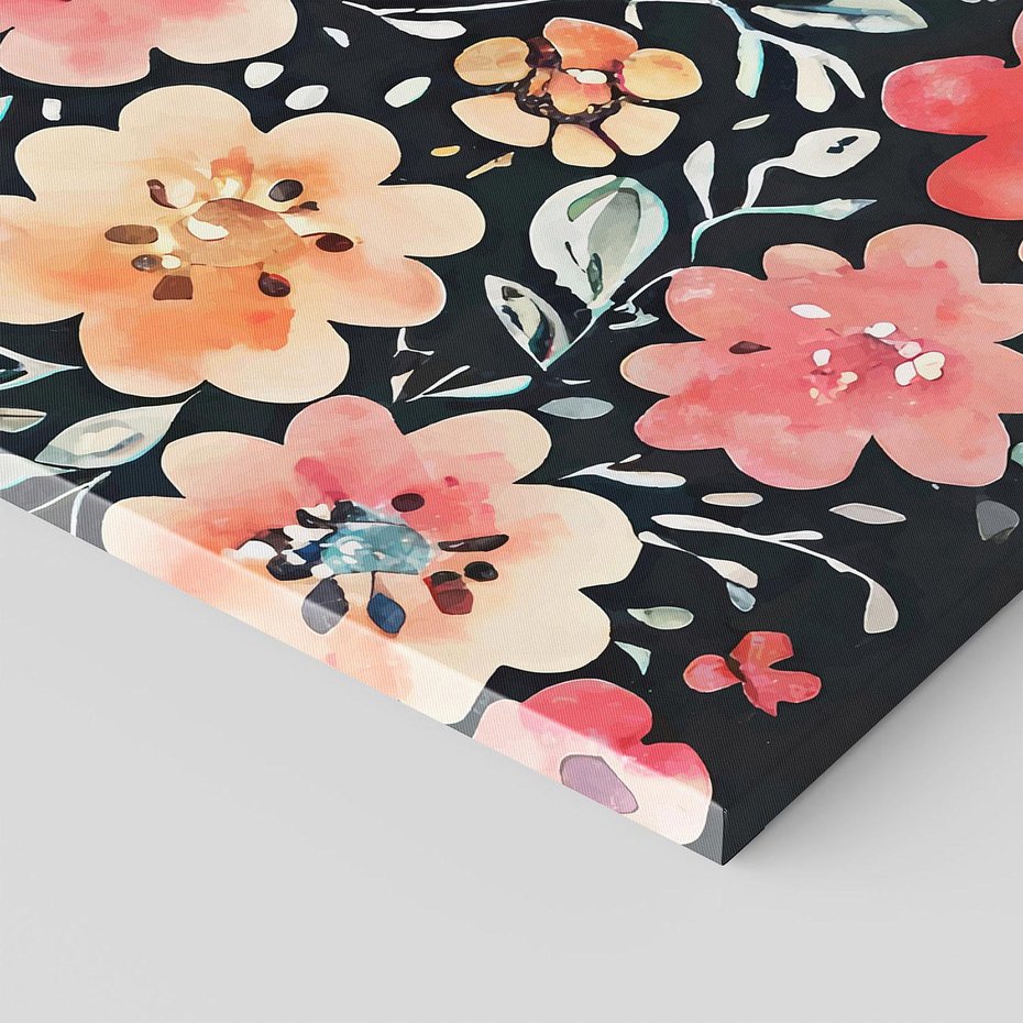 Obraz na płótnie 30x30 - Labirynty melancholii - akwarelowe, pastelowe kwiaty na czarnym tle