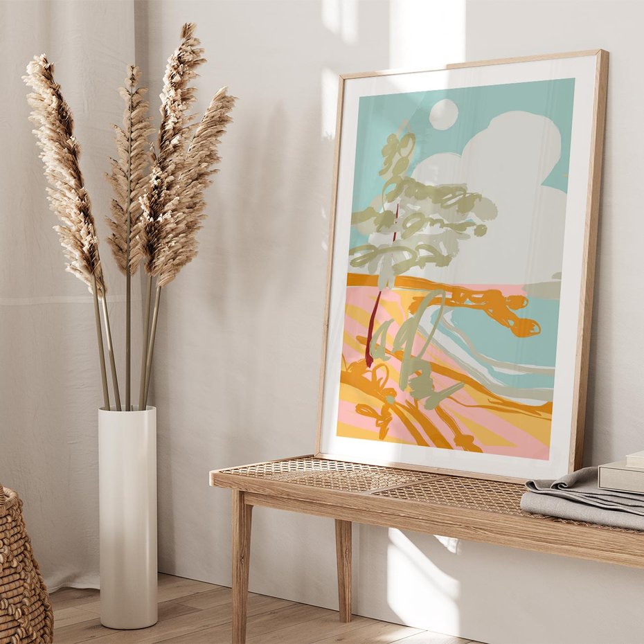 Plakat w ramie 40x50 - Spokojny Wiatr - pastelowy krajobraz, nowoczesny plakat - rama drewno