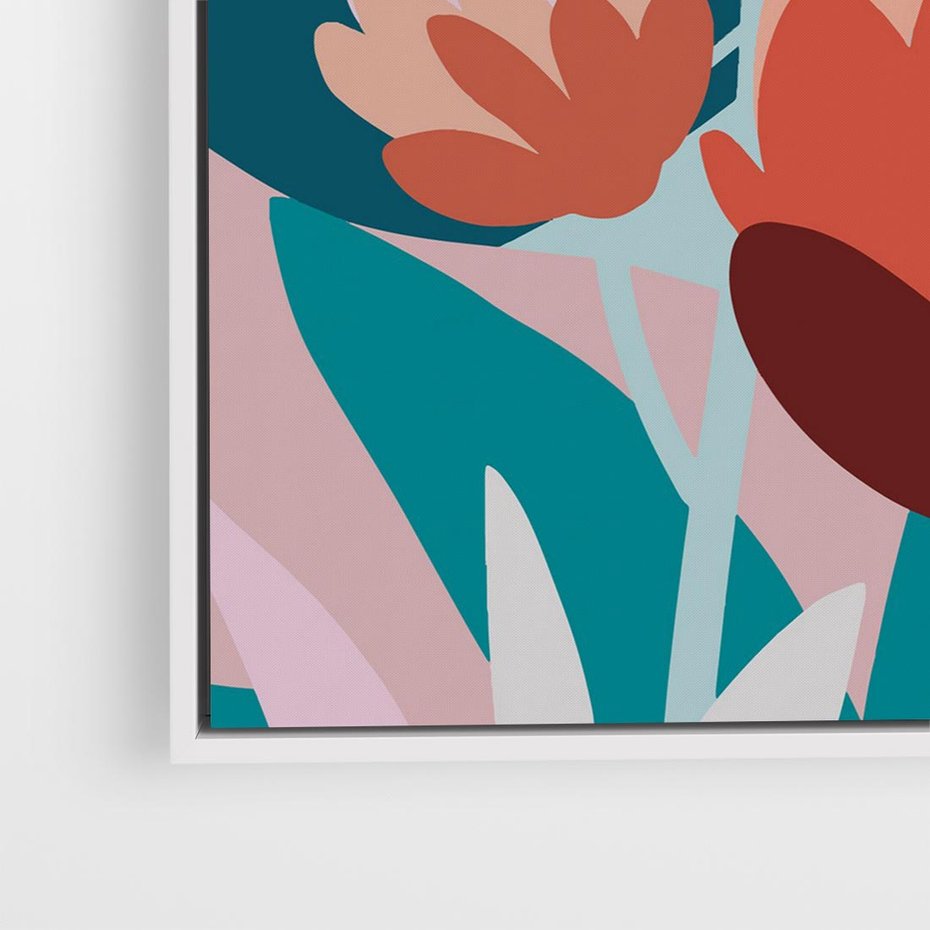 Obraz w ramie 50x50 - Symfonia Kwiatów - abstrakcyjna kompozycja kwiatowych form, kolor zgaszone - rama biała