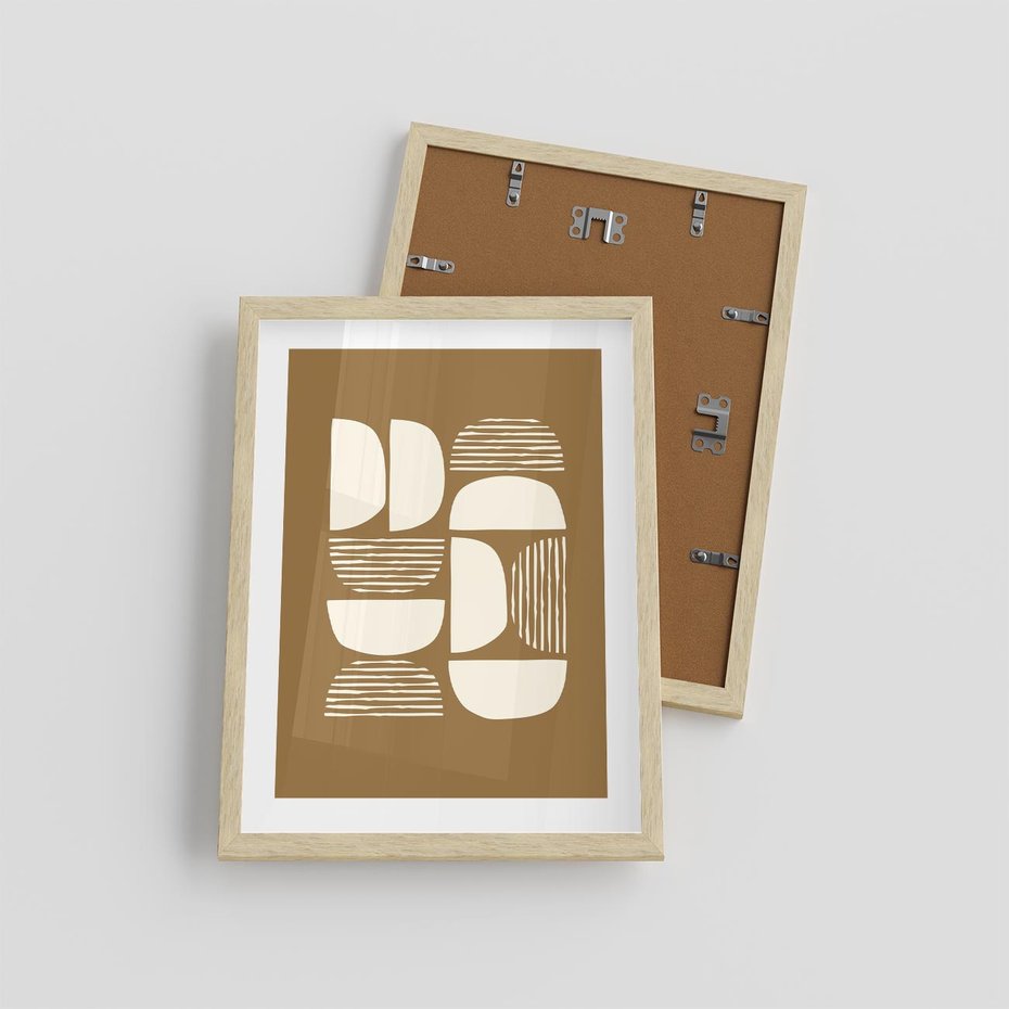 Plakat w ramie 30x40 - Wewnętrzne Spektrum - geometryczne boho kształty na brązowym, karmelowym tle - rama drewno