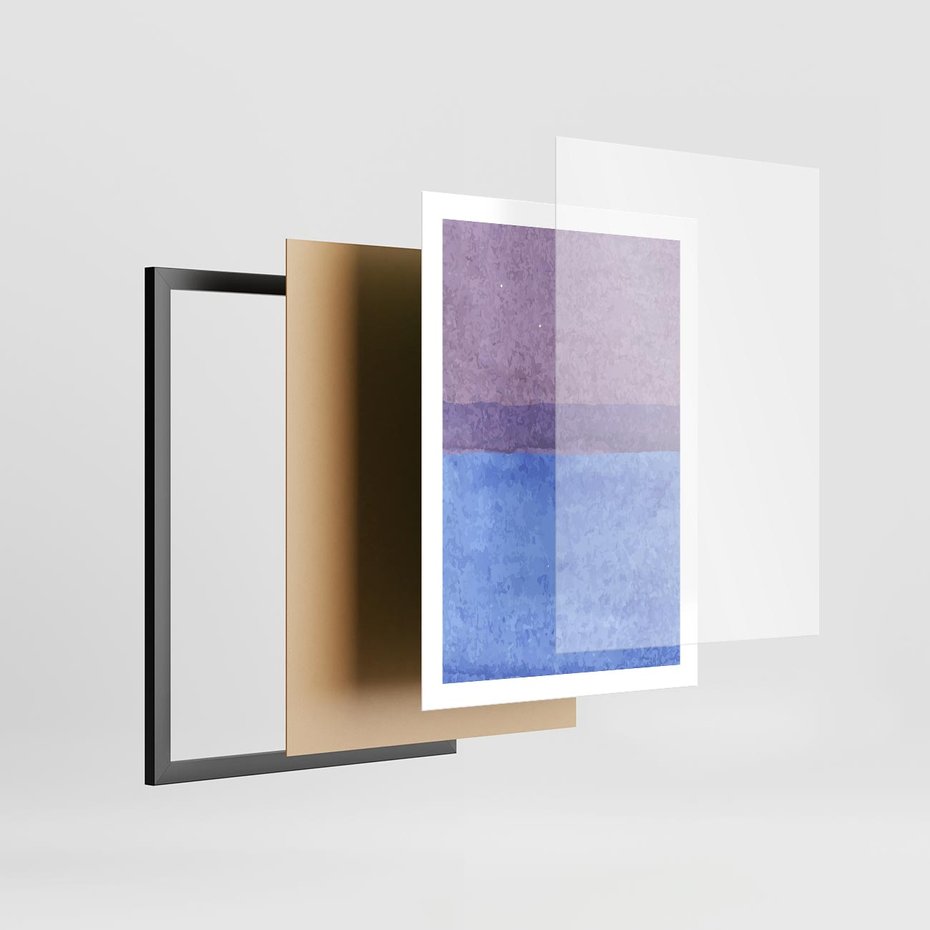 Plakat w ramie 50x70 - Taniec Światła - kolorowe akwarelowe pasy, odcienie fiolet - rama czarna