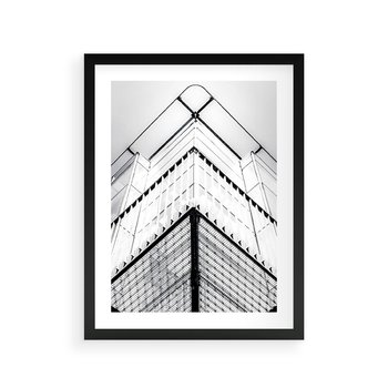 Plakat w ramie 50x70 - Elegancja Współczesnej Architektury: Wieżowiec w Monochromii - nowoczesna architektura, czarno biała fotografia - rama czarna