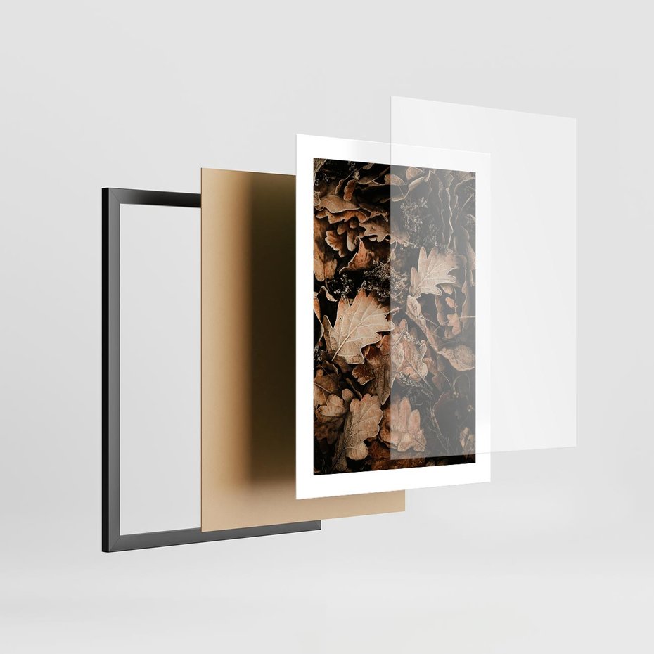 Plakat w ramie 30x40 - Jesienna Melodia: Liście i Szyszki - suche liście, szyszki - rama czarna
