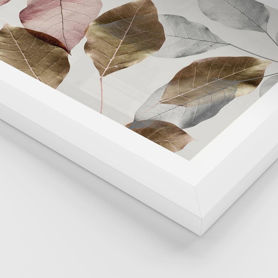 Plakat w ramie 30x40 - Pastelowe Liście z Nutką Złota - liście, pastelowe kolory - rama biała