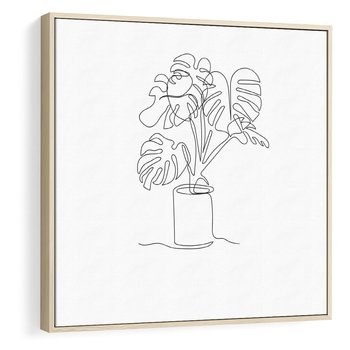 Obraz w ramie 50x50 - Tajemnicza Harmonia - sztuka one line, monstera - rama drewno