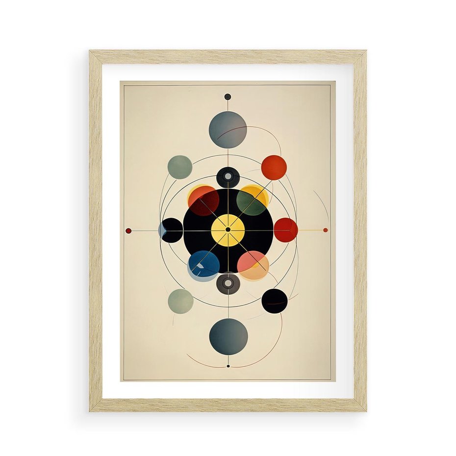 Plakat w ramie 50x70 - Bezgraniczny Taniec Światła - abstrakcyjna geometryczna kompozycja, koła linie - rama drewno