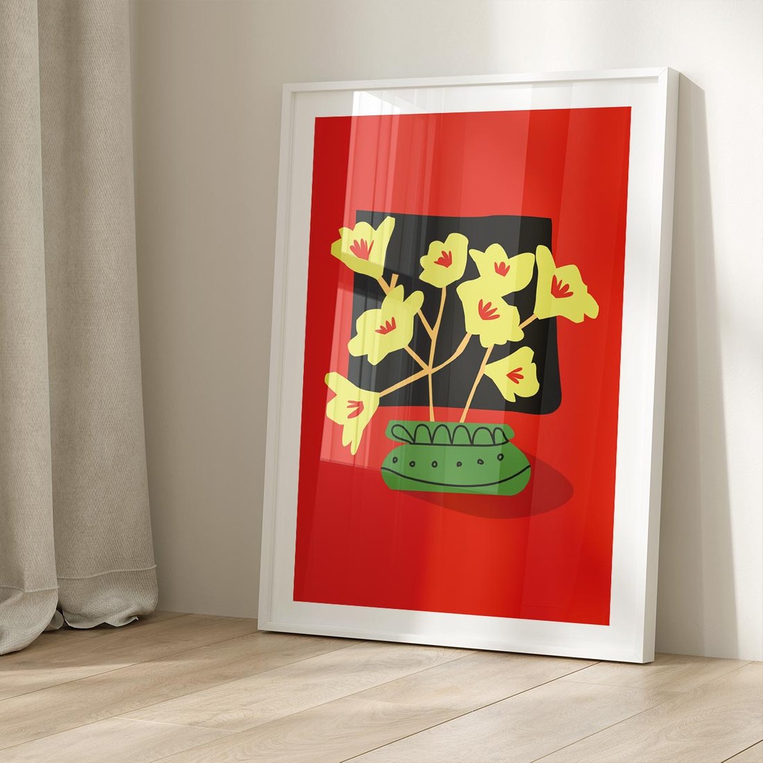 Plakat w ramie 50x70 - Abstrakcyjne Przenikanie - abstrakcyjne kwiaty, czerwone tło - rama biała