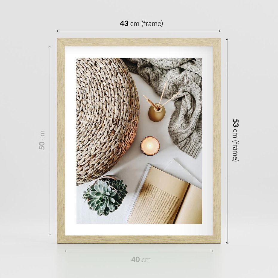 Plakat w ramie 40x50 - Przytulna Kompozycja Lifestyle - kompozycja lifestyle, wiklina - rama drewno