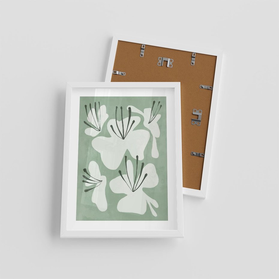 Plakat w ramie 30x40 - Rozkwitające Ukojenie - zgaszona zieleń, kwiaty - rama biała