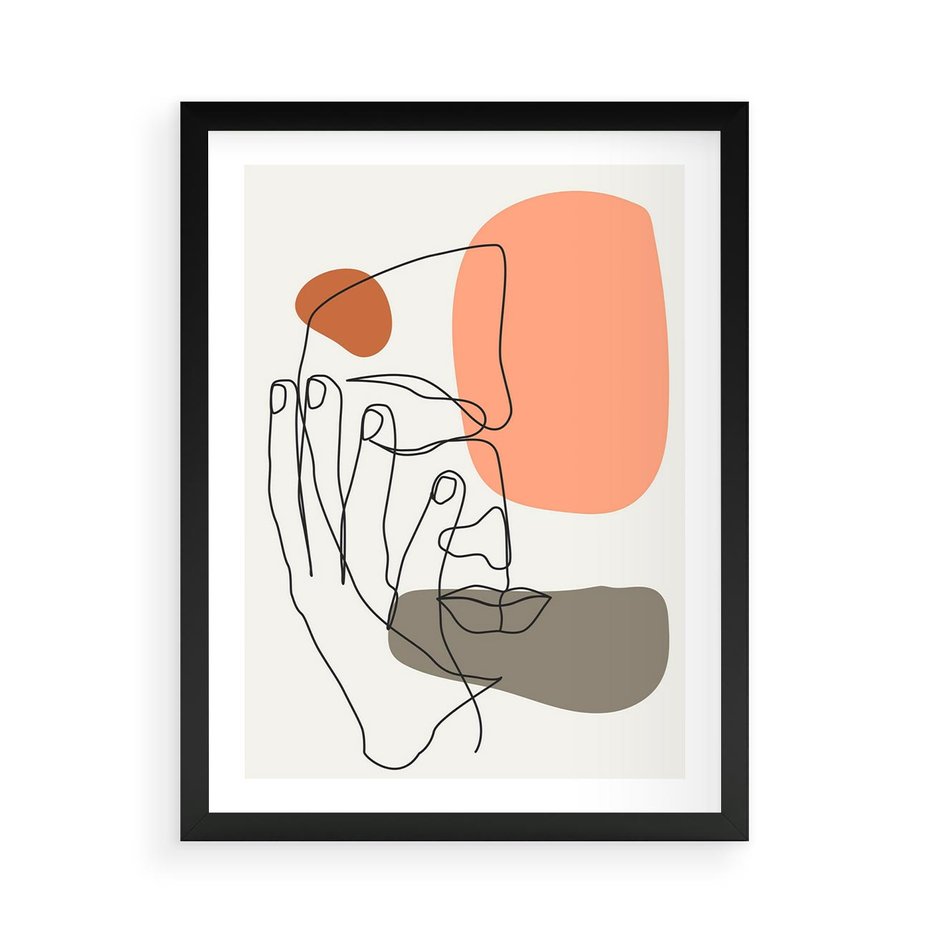 Plakat w ramie 50x70 - Ekspresja Kolorów: Szkic - one line szkic twarzy, kolorowe plamy - rama czarna