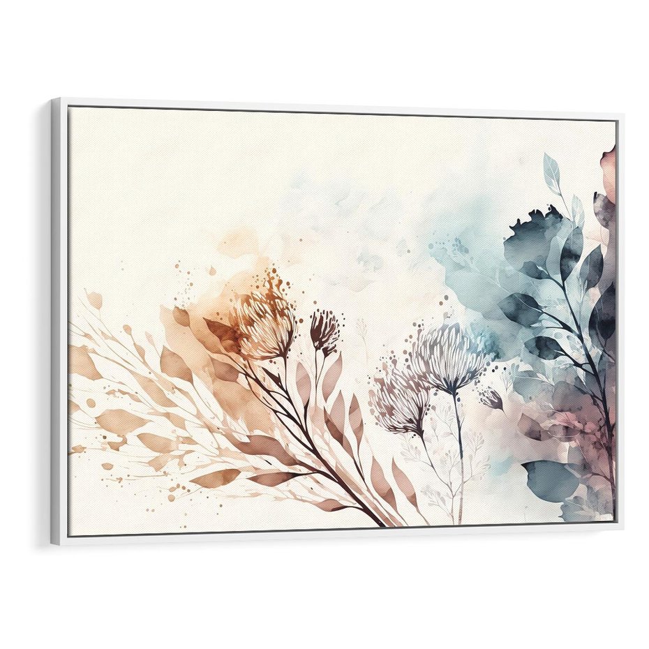 Obraz w ramie 100x70 - Nostalgiczne tańce pędzla - akwarelowe kwiaty, gałęzie - rama biała