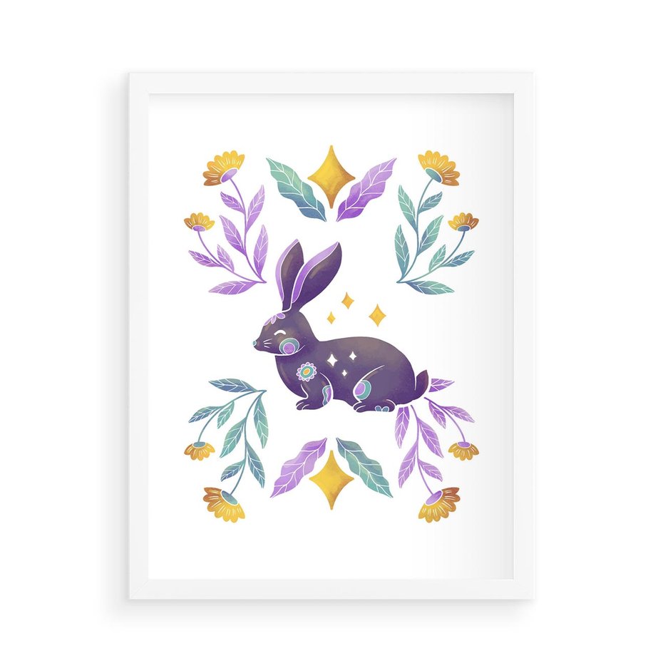 Plakat w ramie 50x70 - Boho Wiatr - boho plakat, królik - rama biała