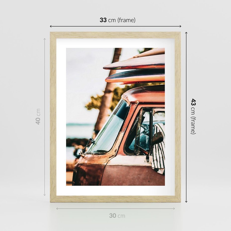 Plakat w ramie 30x40 - Surfingowa Wolność - samochód, stary van - rama drewno