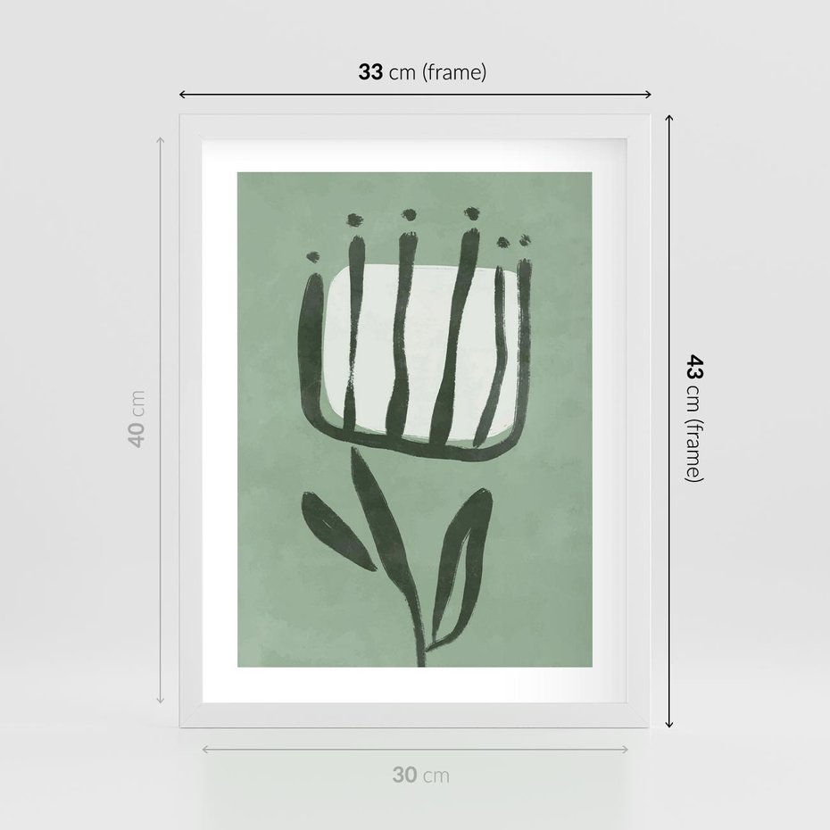 Plakat w ramie 30x40 - Objęcia Zieleni - zielona abstrakcja, zgaszona zieleń - rama biała