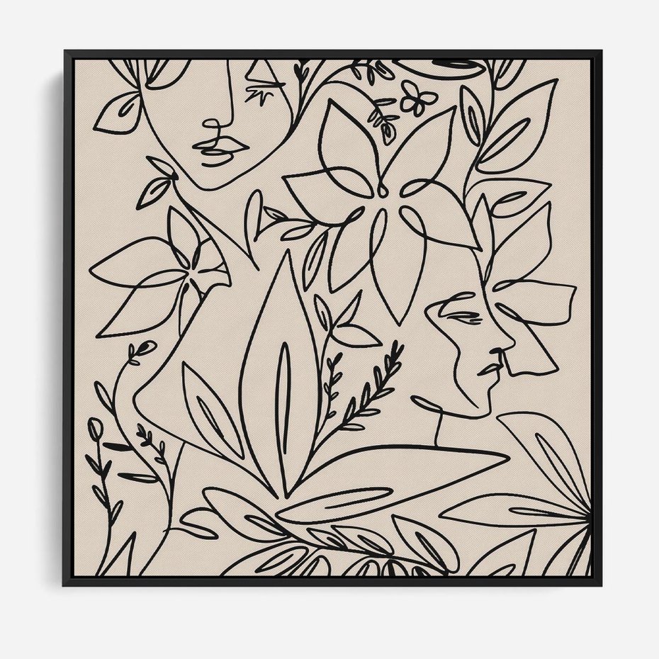 Obraz w ramie 50x50 - Kobiecy Portret Duszy - beżowe tło, czarny szkic nowoczesnych kwiatów - rama czarna