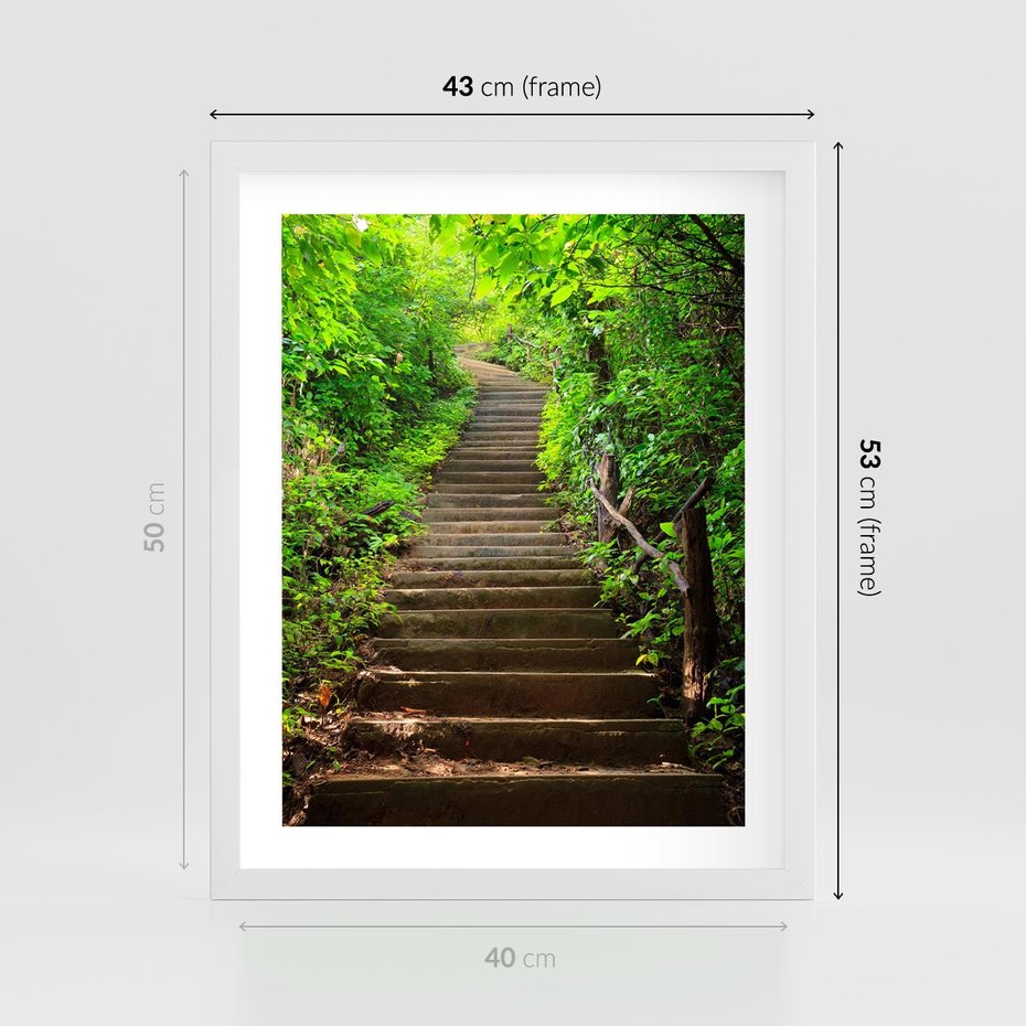 Plakat w ramie 40x50 - Lasowa ścieżka pełna tajemnic - ścieżka, schody - rama biała