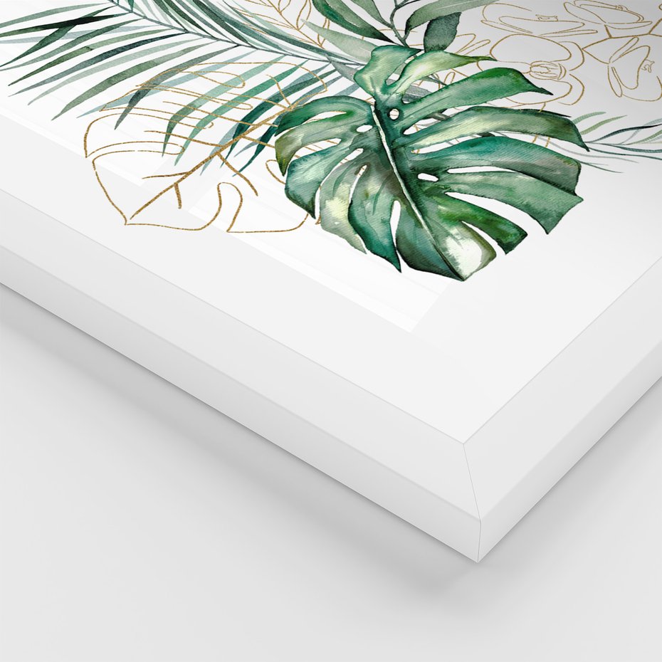 Zestaw obrazy w ramie 30x40 galeria - Liście, monstera, palma, złote, akwarele - rama biała