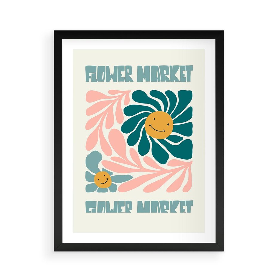 Plakat w ramie 50x70 - Harmonia płatków kwiatów - kwiatowa retro kompozycja, pastelowe kolory - rama czarna