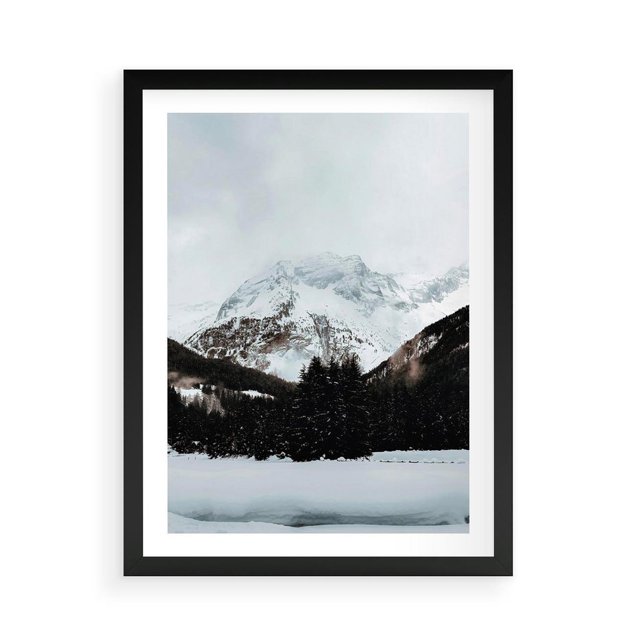 Plakat w ramie 50x70 - W Cieniu Śnieżnych Szczytów - górski krajobraz, zima - rama czarna