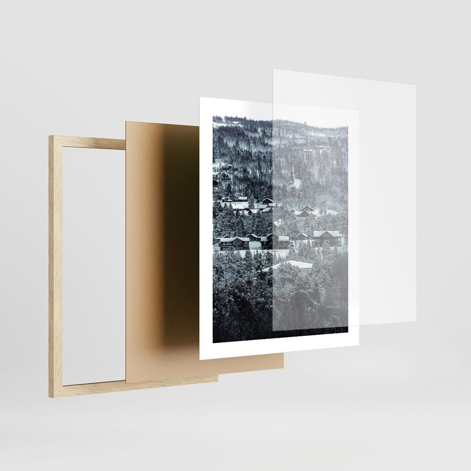 Plakat w ramie 40x50 - Domki w Chmurach - górski zimowy krajobraz, dommki na wzgórzach - rama drewno