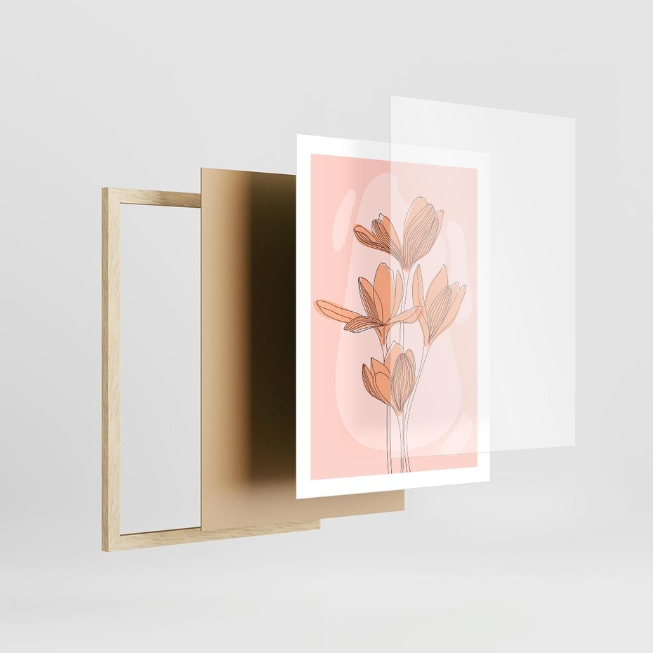 Plakat w ramie 50x70 - Przenikające Kształty - minimalistyczny plakat, pudrowe kwiaty - rama drewno