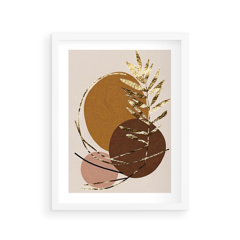 Plakat w ramie 30x40 - Taniec Przenikających Odbić - abstrakcyjny obraz, złote liście palmy - rama biała