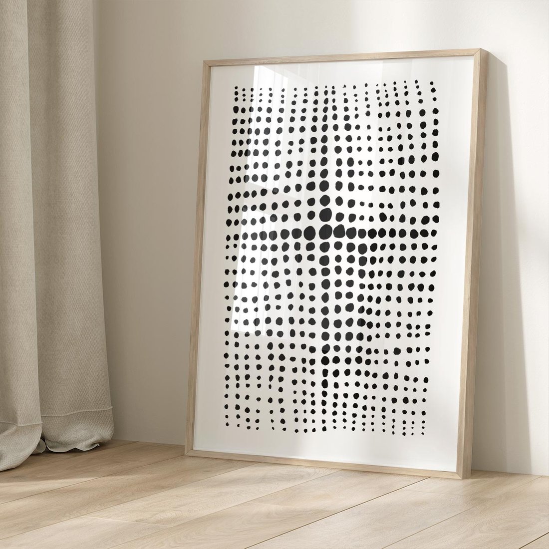 Plakat w ramie 50x70 - Refleksje Monochromatycznych Widoków - abstrakcyjna kompozycja z czarnych kropek, minimalistyczny czarno bialy plakat - rama drewno