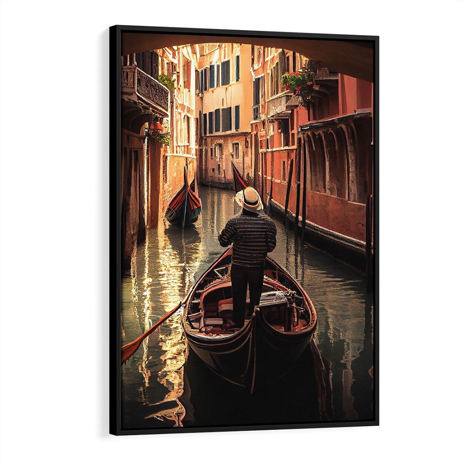 Obraz w ramie 70x100 - Spokojna Wenecja - gondolier w gondoli, kanały Wenecji - rama czarna