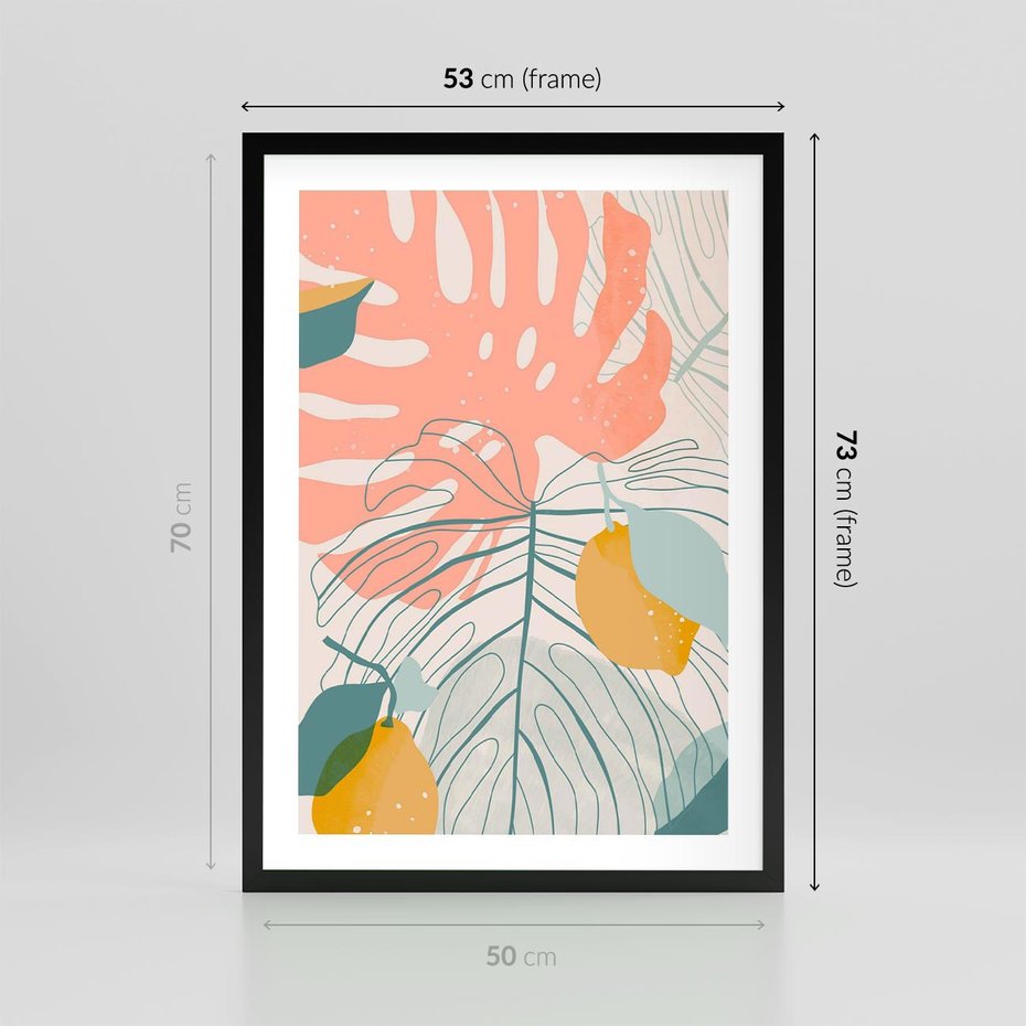 Plakat w ramie 50x70 - Sztuka Natury: Liście Monstery w Pastelach - nowoczesna grafika, pastelowe liście monstery - rama czarna