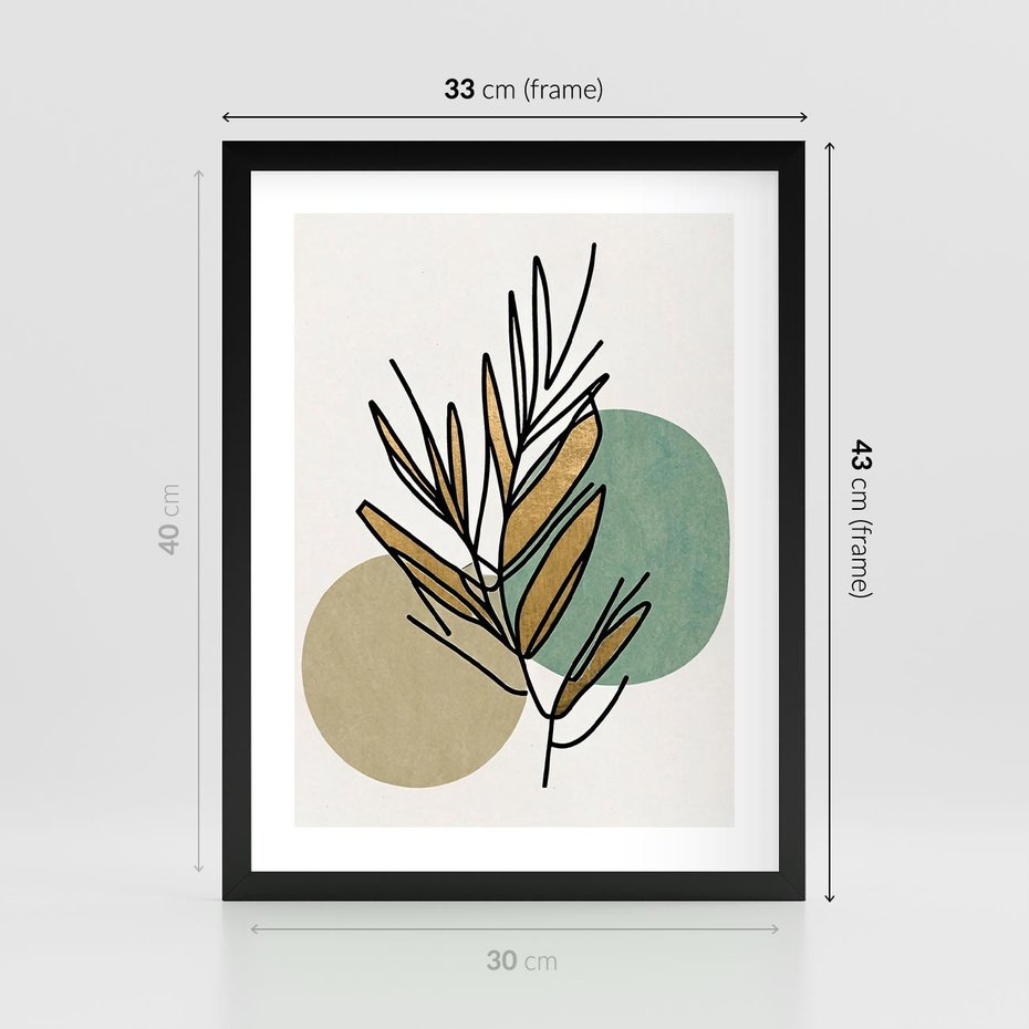 Plakat w ramie 30x40 - Migocące Ścieżki Wizji - abstrakcyjny obraz boho, liście - rama czarna