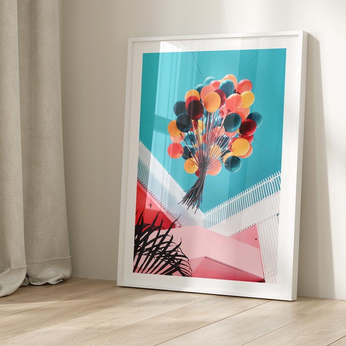 Plakat w ramie 30x40 - Kolorowe Balony Pod Niebem - kolorowe balony na tle niebieskiego nieba - rama biała