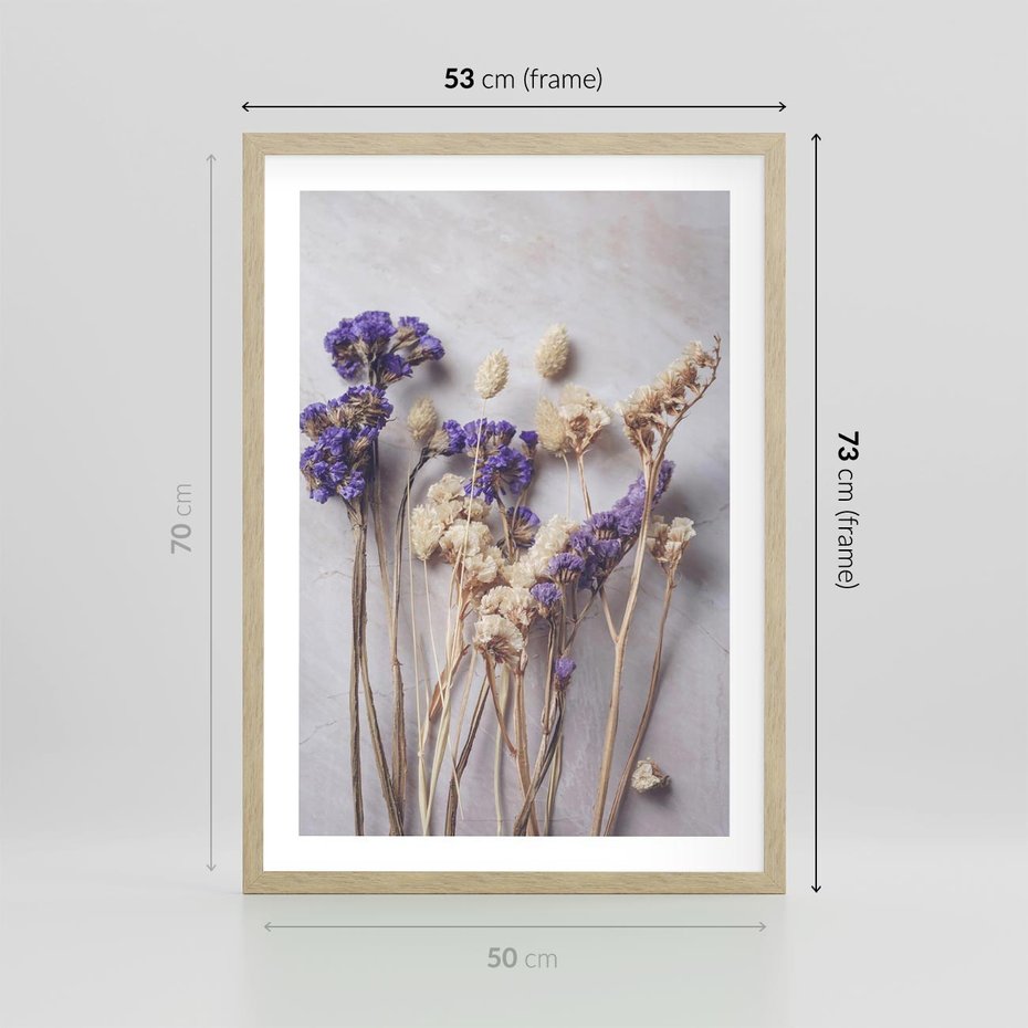 Plakat w ramie 50x70 - Błękitno-Biała Harmonia - suszone kwiaty, błekitne - rama drewno