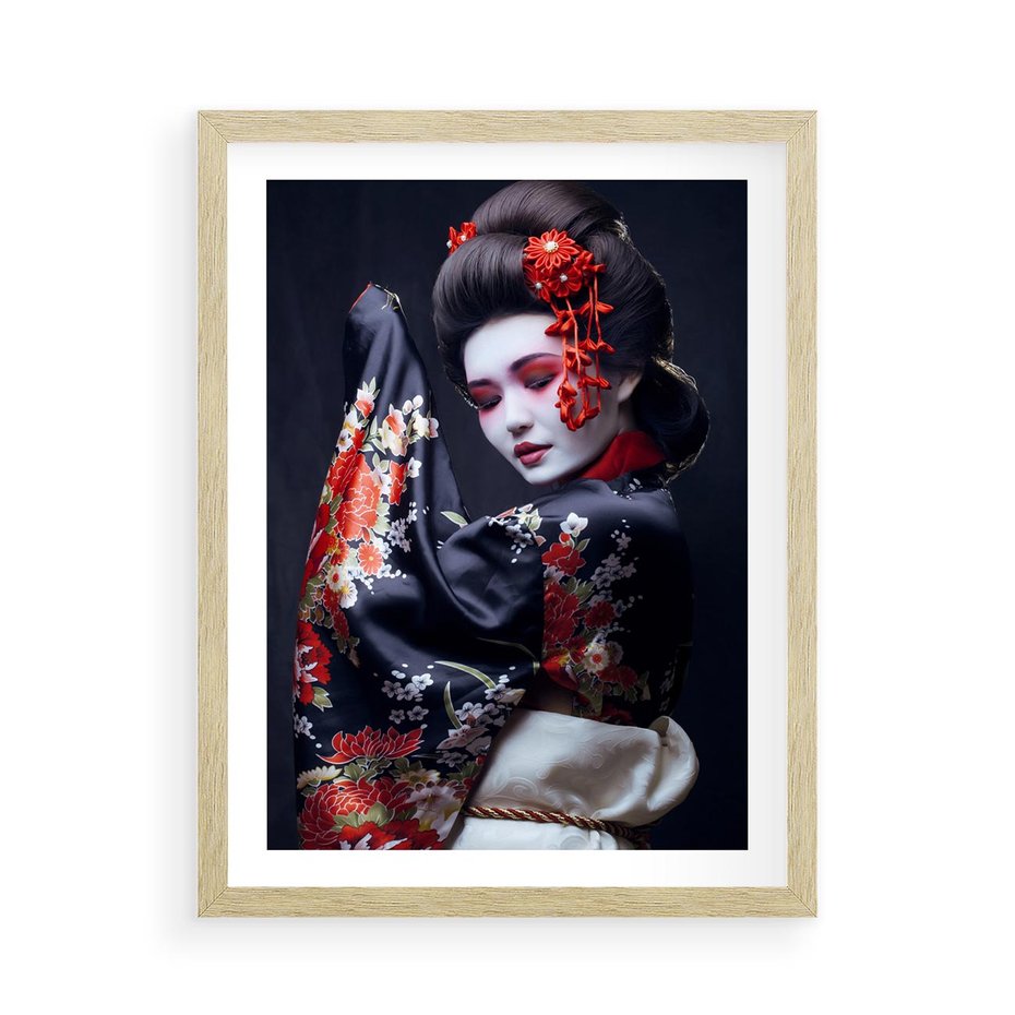 Plakat w ramie 50x70 - Elegancka japońska gejsza - japońska, gejsza - rama drewno