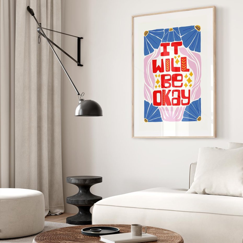 Plakat w ramie 50x70 - Kwiatowa Ekstaza - czerwona pozytywna typografia, kwiatowa kompozycja - rama drewno