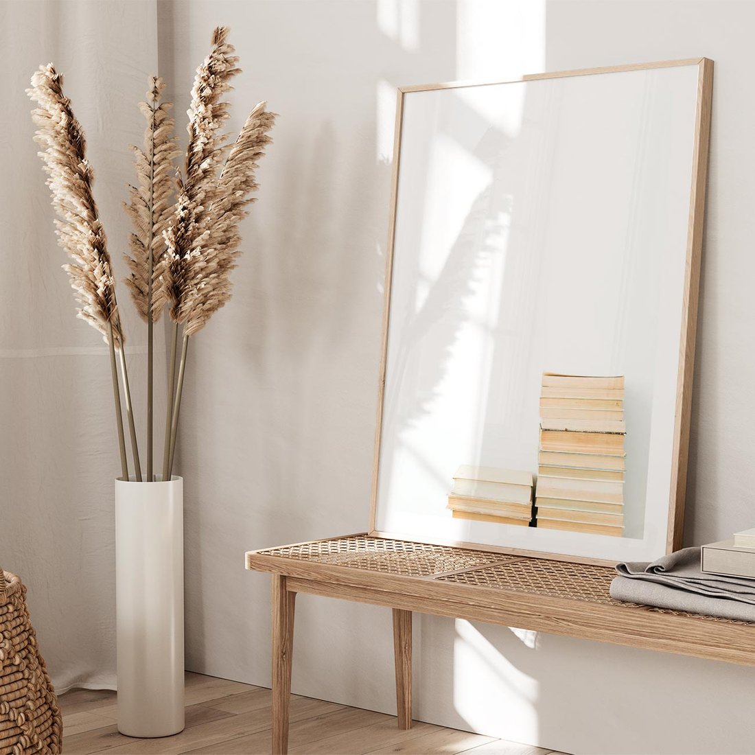 Plakat w ramie 30x40 - Estetyka Literatury - stos książek, minimalistyczna kompozycja - rama drewno