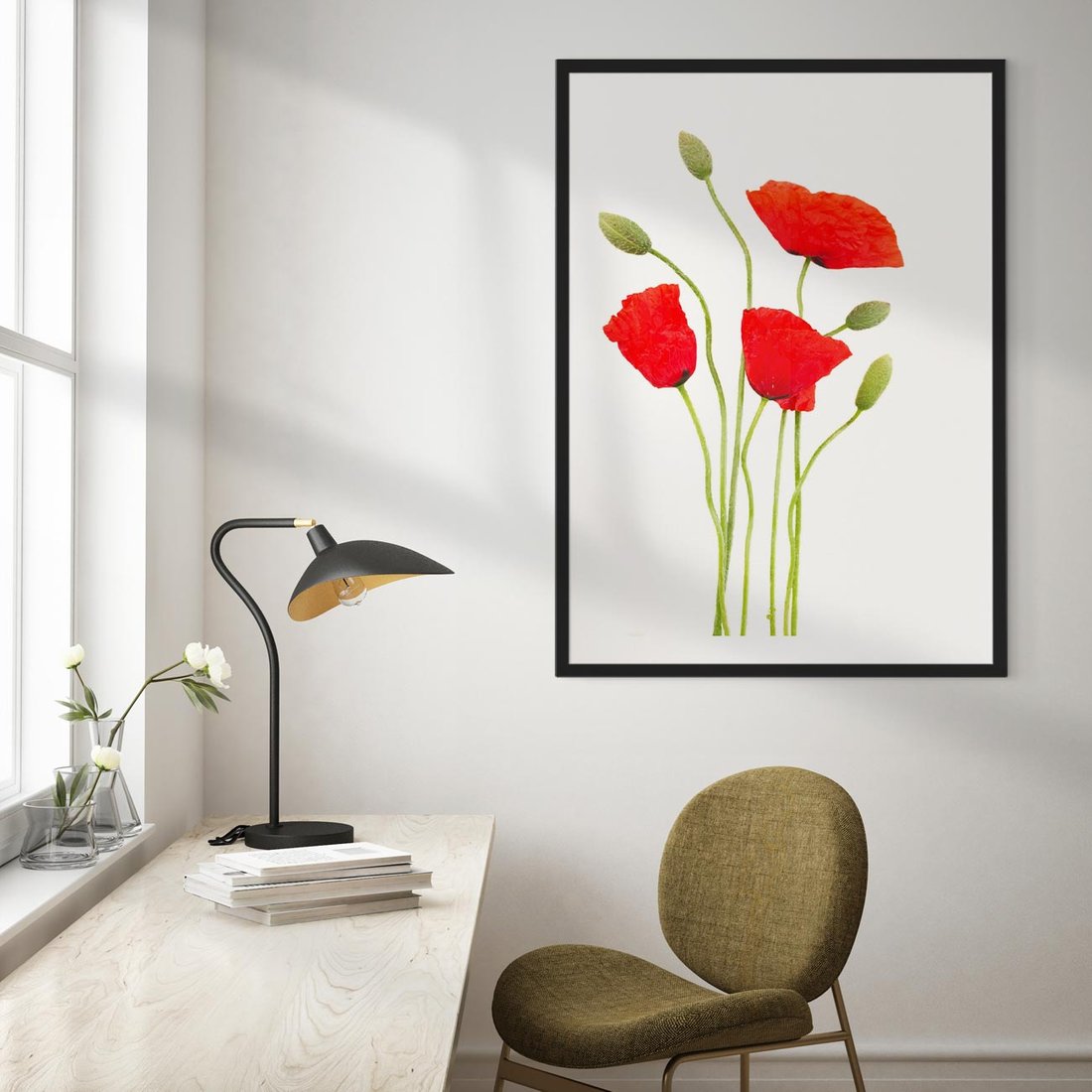 Plakat w ramie 50x70 - Pola maków w pełnym kolorze - maki, kwiaty - rama czarna