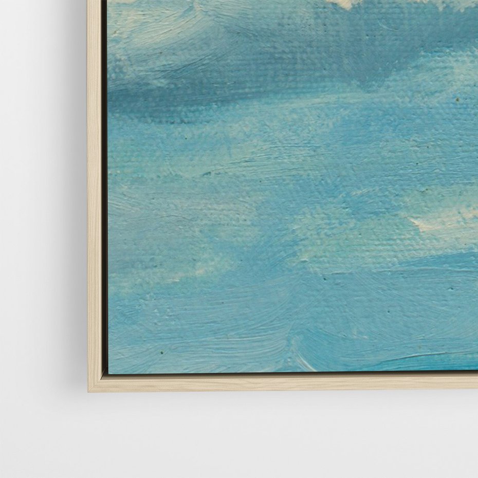 Obraz w ramie 70x100 - Oddechy niebiańskiej materii - olejny obraz, smugi farby przypominają obłoki na błękitnym niebie - rama drewno